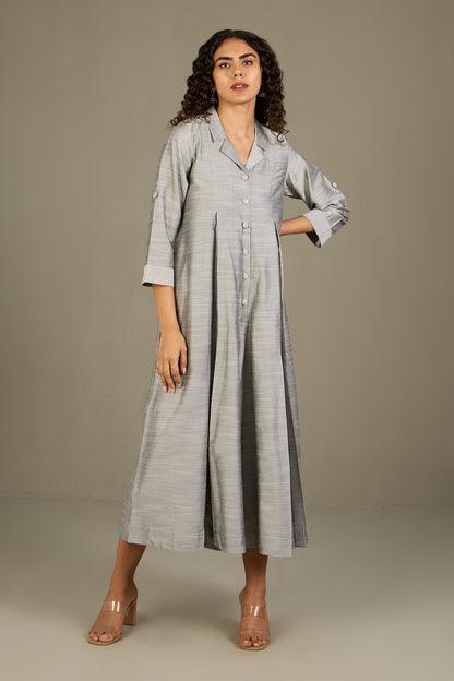 Maati Craft Gleaming Silver Silk Slub Jumpsuit with Pockets & Collar