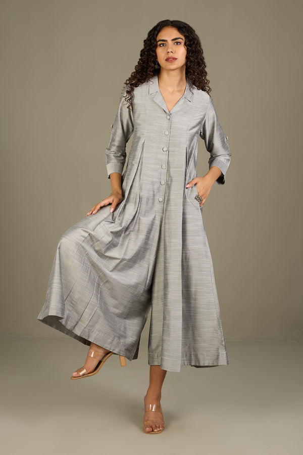 Maati Craft Gleaming Silver Silk Slub Jumpsuit with Pockets & Collar