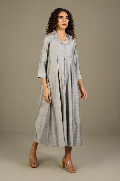 Maati Craft Gleaming Silver Silk Slub Jumpsuit with Pockets & Collar