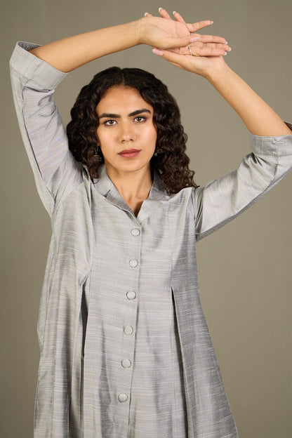 Maati Craft Gleaming Silver Silk Slub Jumpsuit with Pockets & Collar