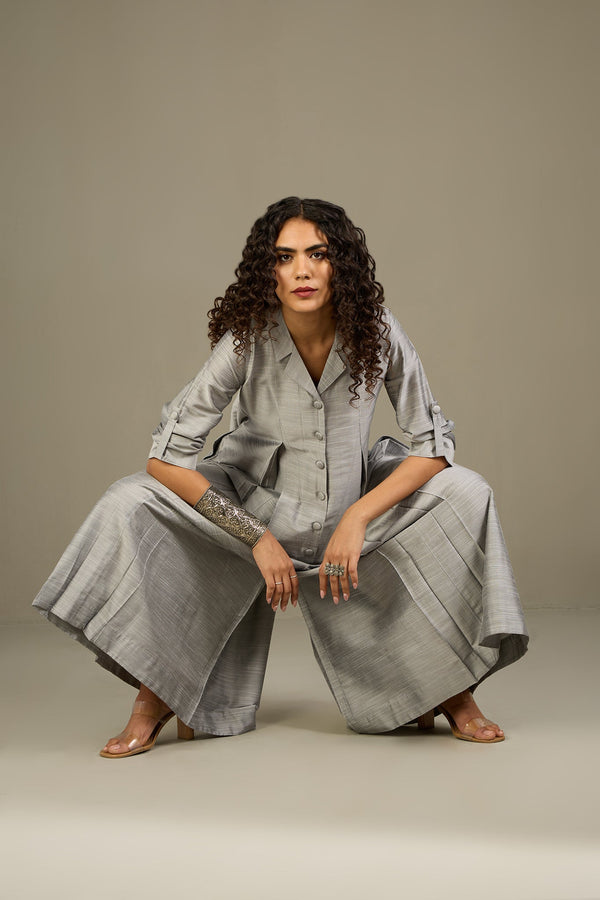 Maati Craft Gleaming Silver Silk Slub Jumpsuit with Pockets & Collar