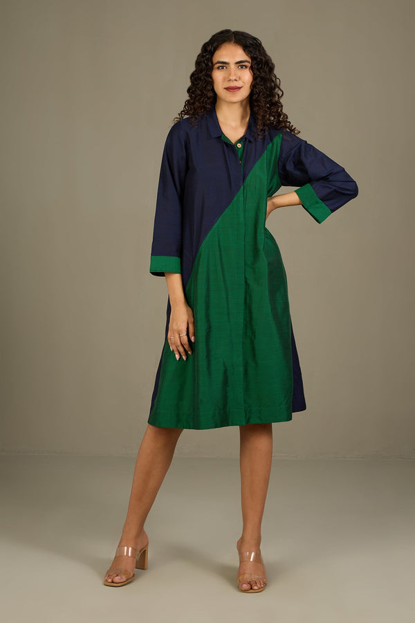 Maati Craft Midnight in the Forest Silk Slub Cross Shirt Dress