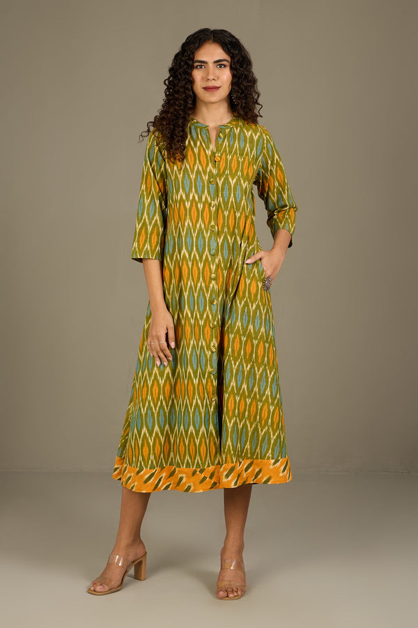 Maati Craft Verdant Gold Haze Long Button Down Ikat Maxi Dress