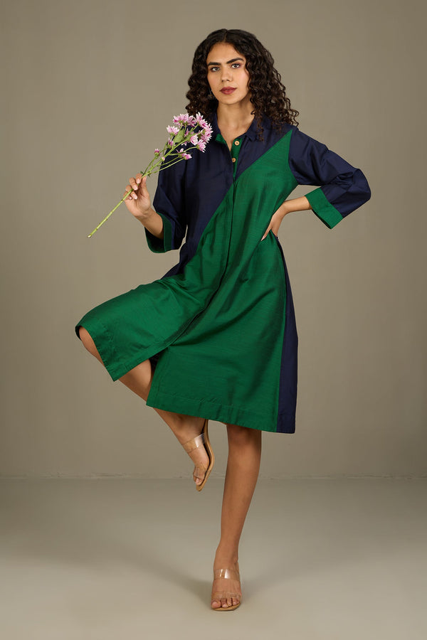 Maati Craft Midnight in the Forest Silk Slub Cross Shirt Dress