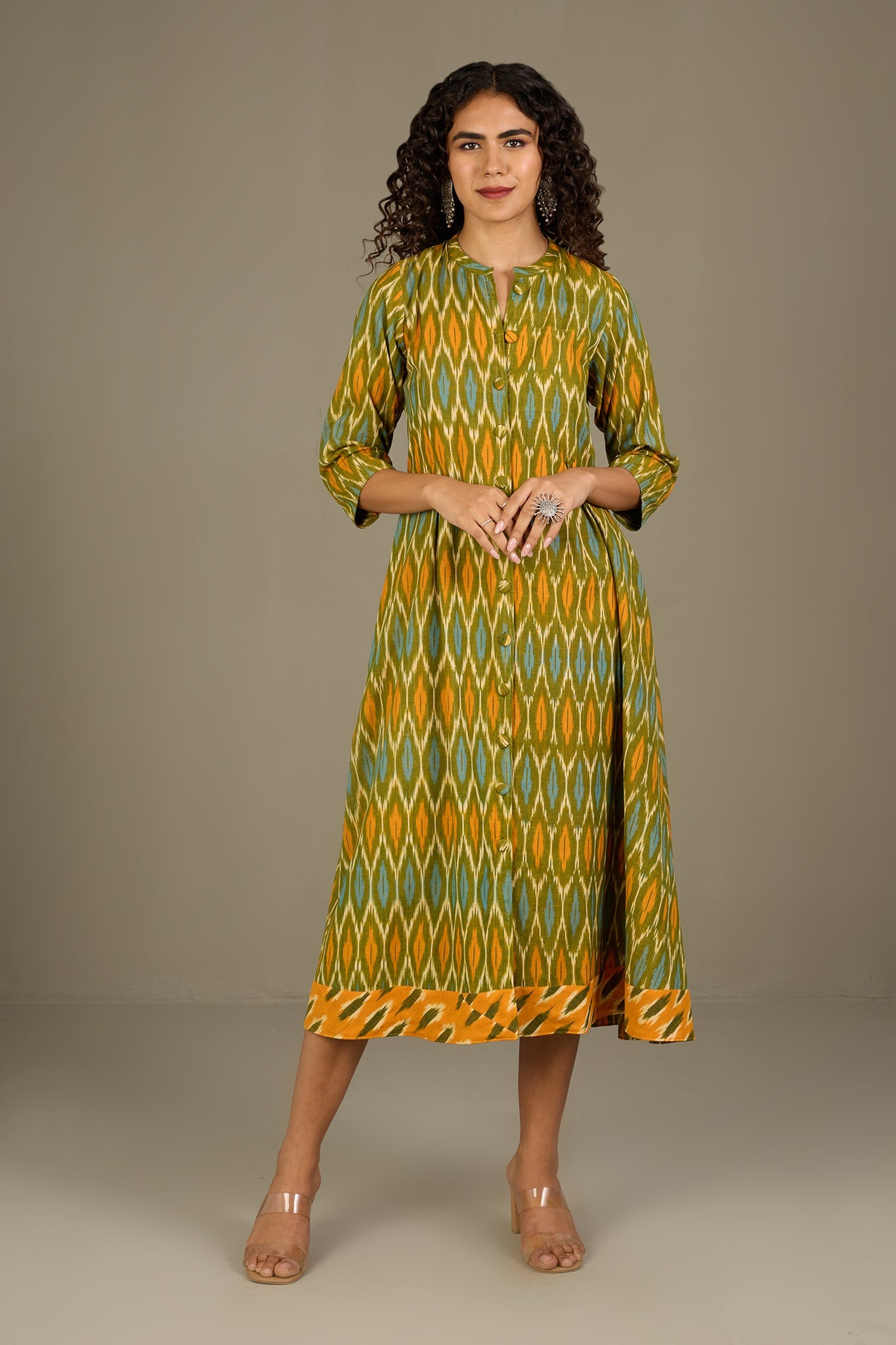 Maati Craft Verdant Gold Haze Long Button Down Ikat Maxi Dress