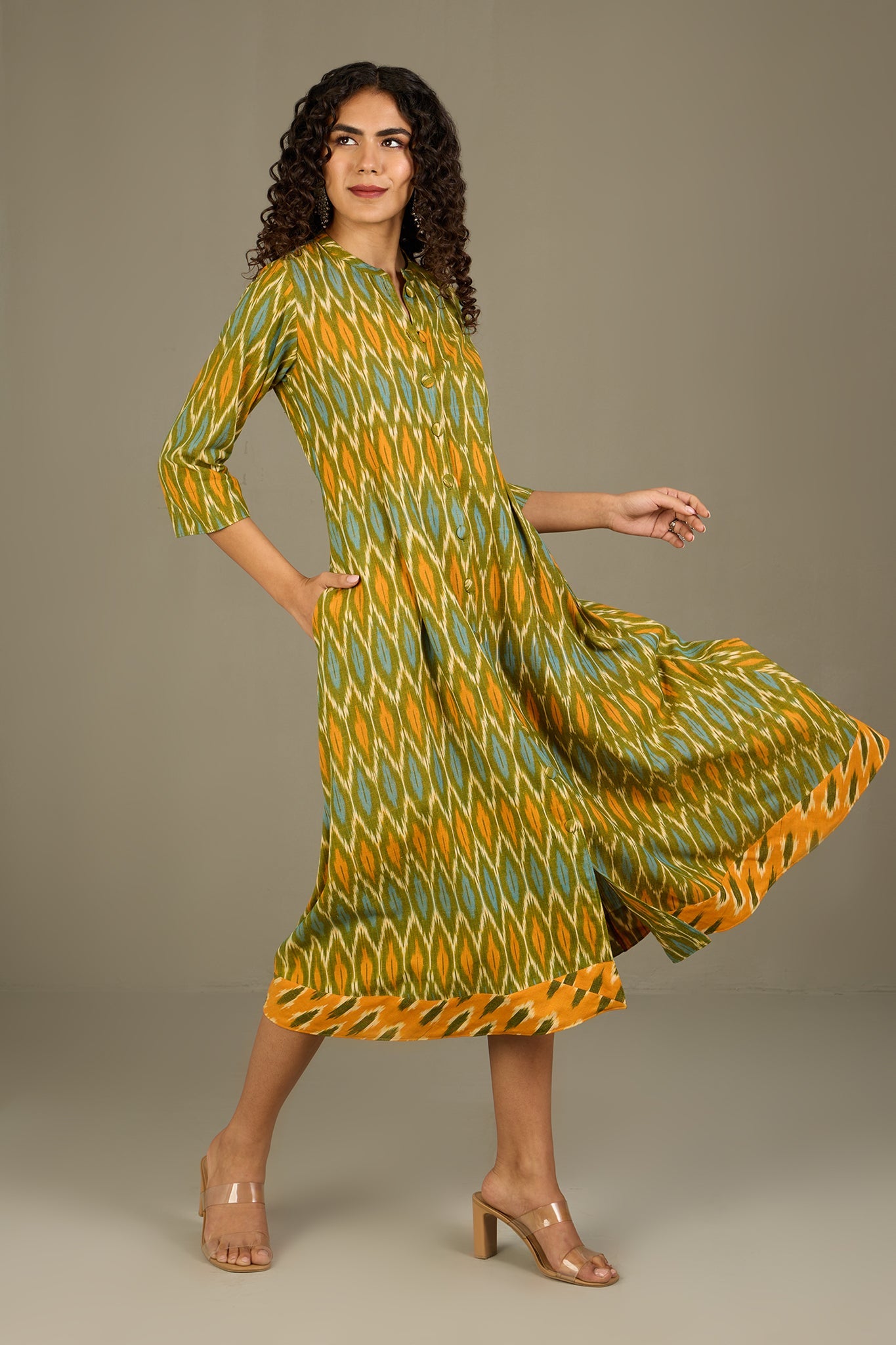 Maati Craft Verdant Gold Haze Long Button Down Ikat Maxi Dress