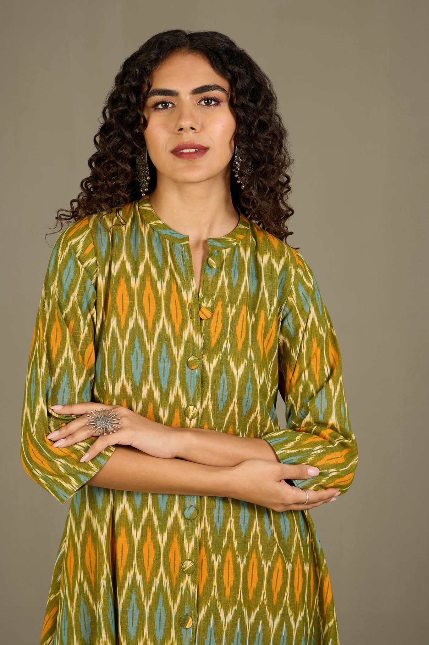 Maati Craft Verdant Gold Haze Long Button Down Ikat Maxi Dress