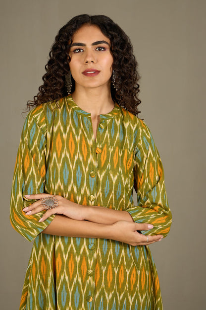 Maati Craft Verdant Gold Haze Long Button Down Ikat Maxi Dress
