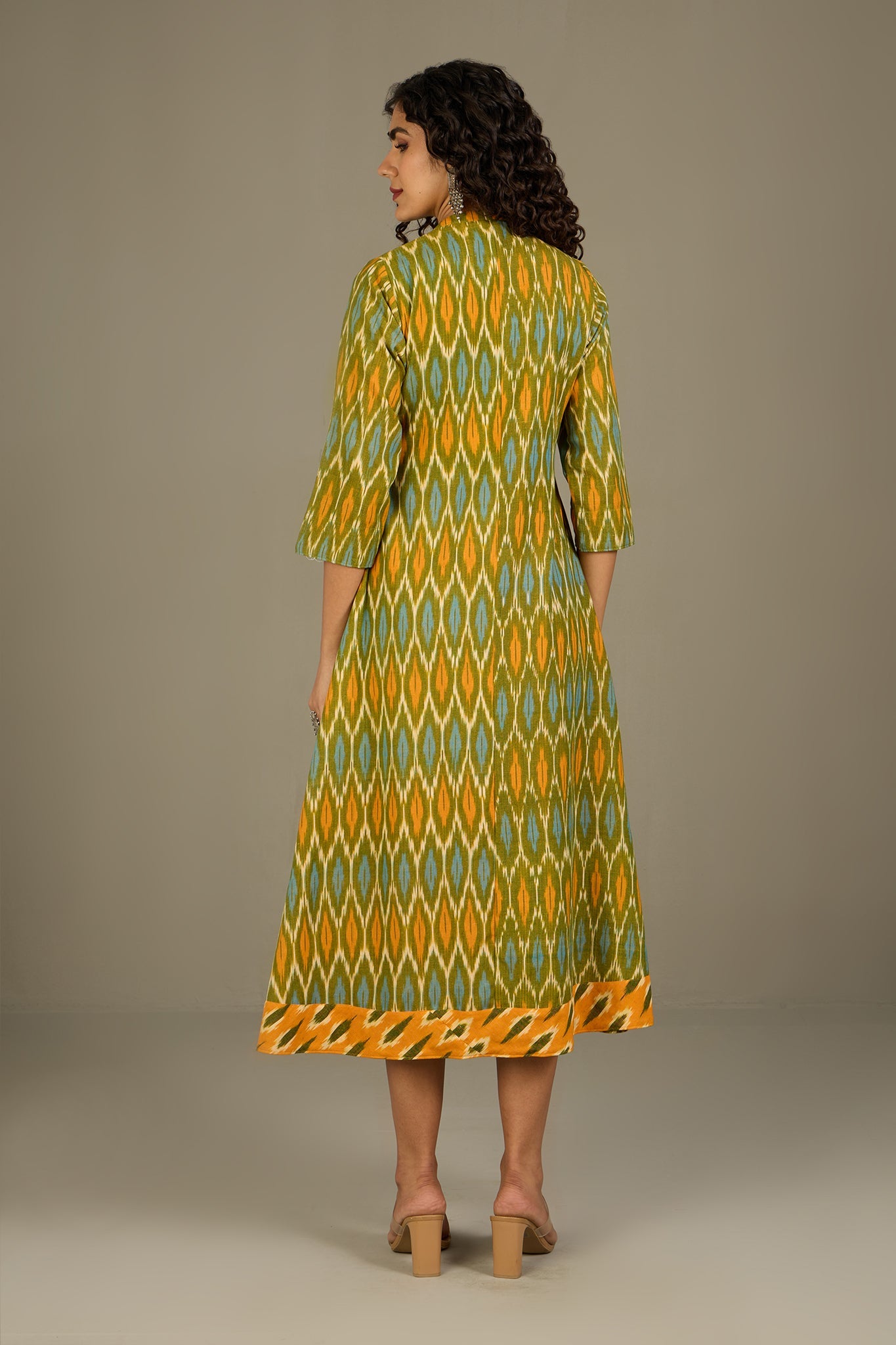 Maati Craft Verdant Gold Haze Long Button Down Ikat Maxi Dress