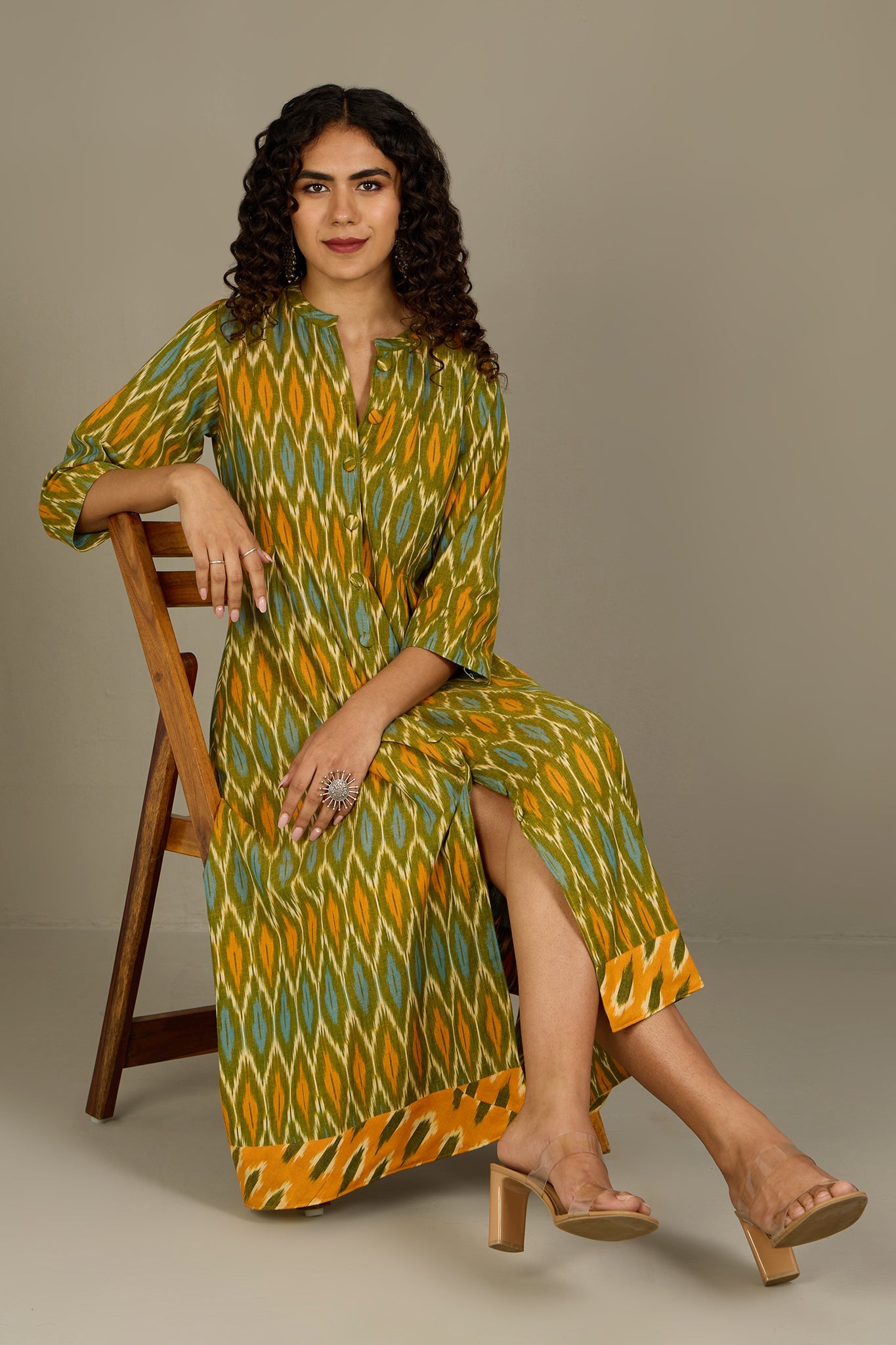Maati Craft Verdant Gold Haze Long Button Down Ikat Maxi Dress