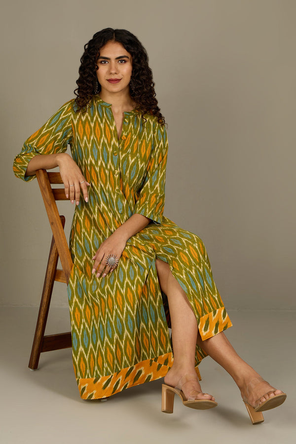Maati Craft Verdant Gold Haze Long Button Down Ikat Maxi Dress