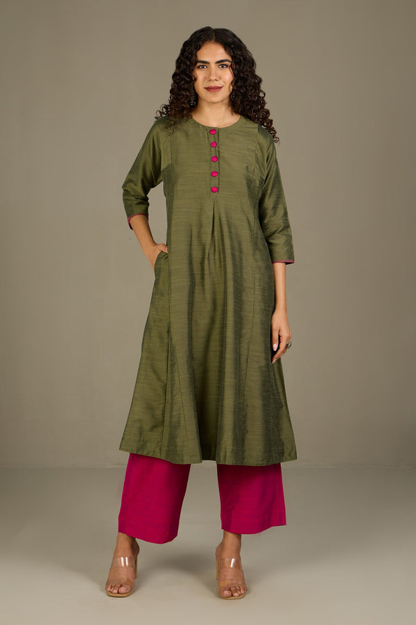 Maati Craft Forest Rose Silk Slub Kalidar Kurta