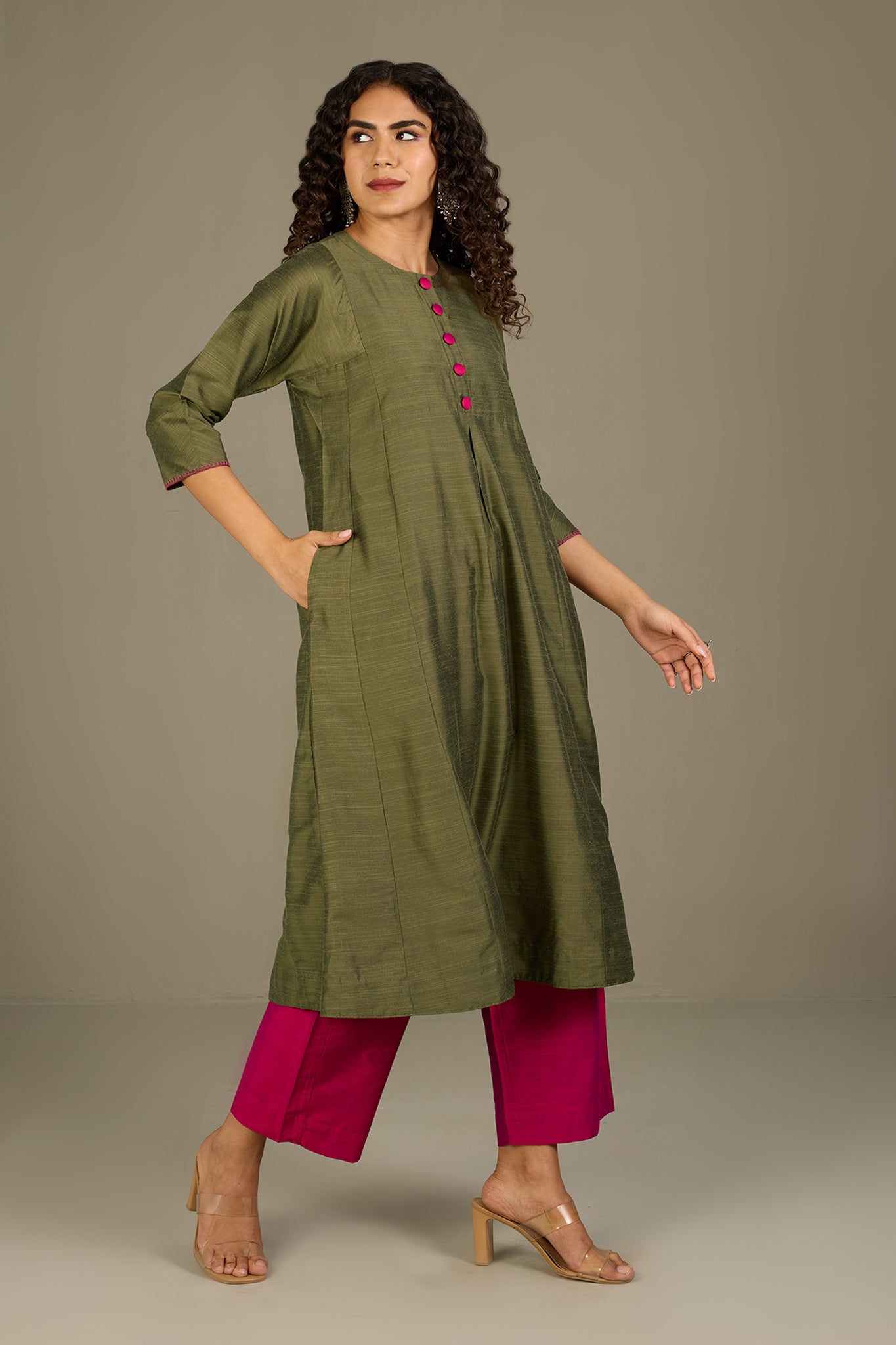Maati Craft Forest Rose Silk Slub Kalidar Kurta
