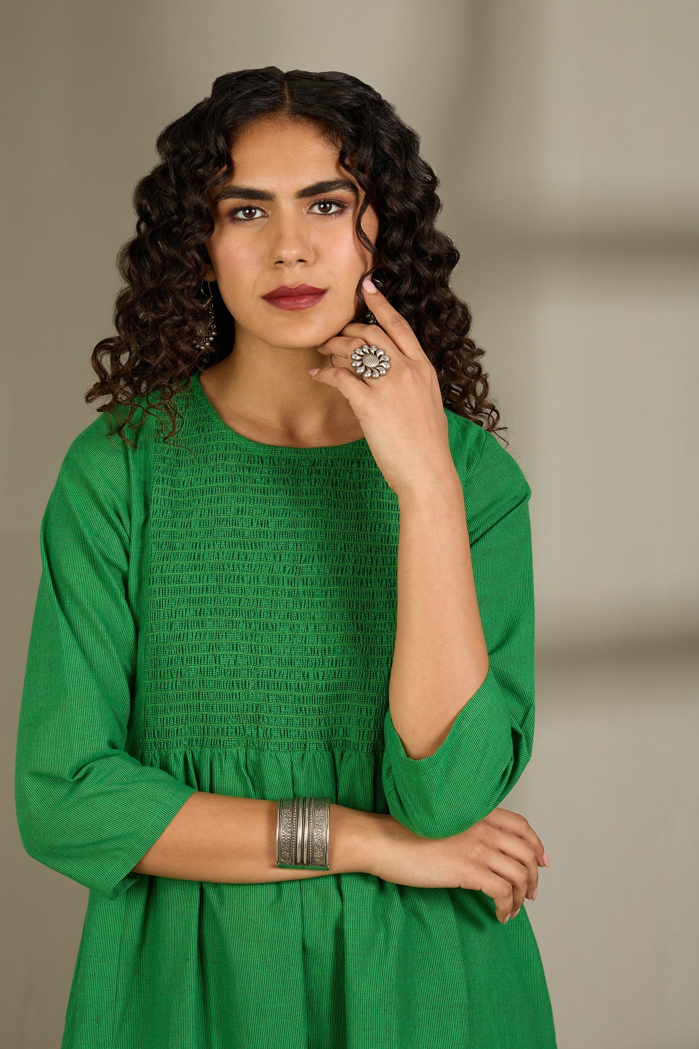 Maati Craft Co-ord Set Verdant Plumage Smocked Yoke Kurta & Pants