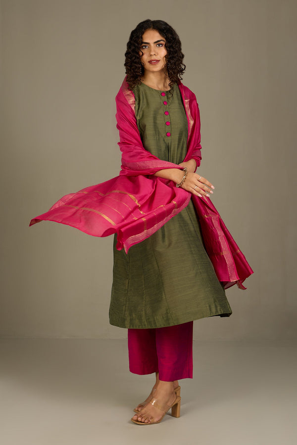 Maati Craft Forest Rose Silk Slub Kalidar Kurta