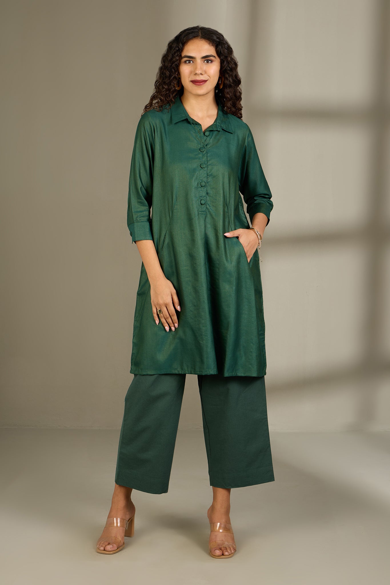 Maati Craft Opulent Emerald Viscose Silk Tunic Shirt Dress