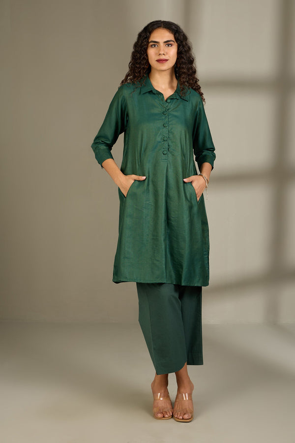 Maati Craft Opulent Emerald Viscose Silk Tunic Shirt Dress