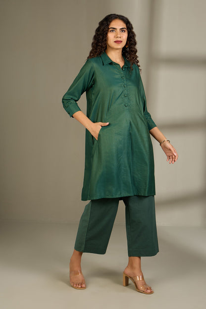 Maati Craft Opulent Emerald Viscose Silk Tunic Shirt Dress