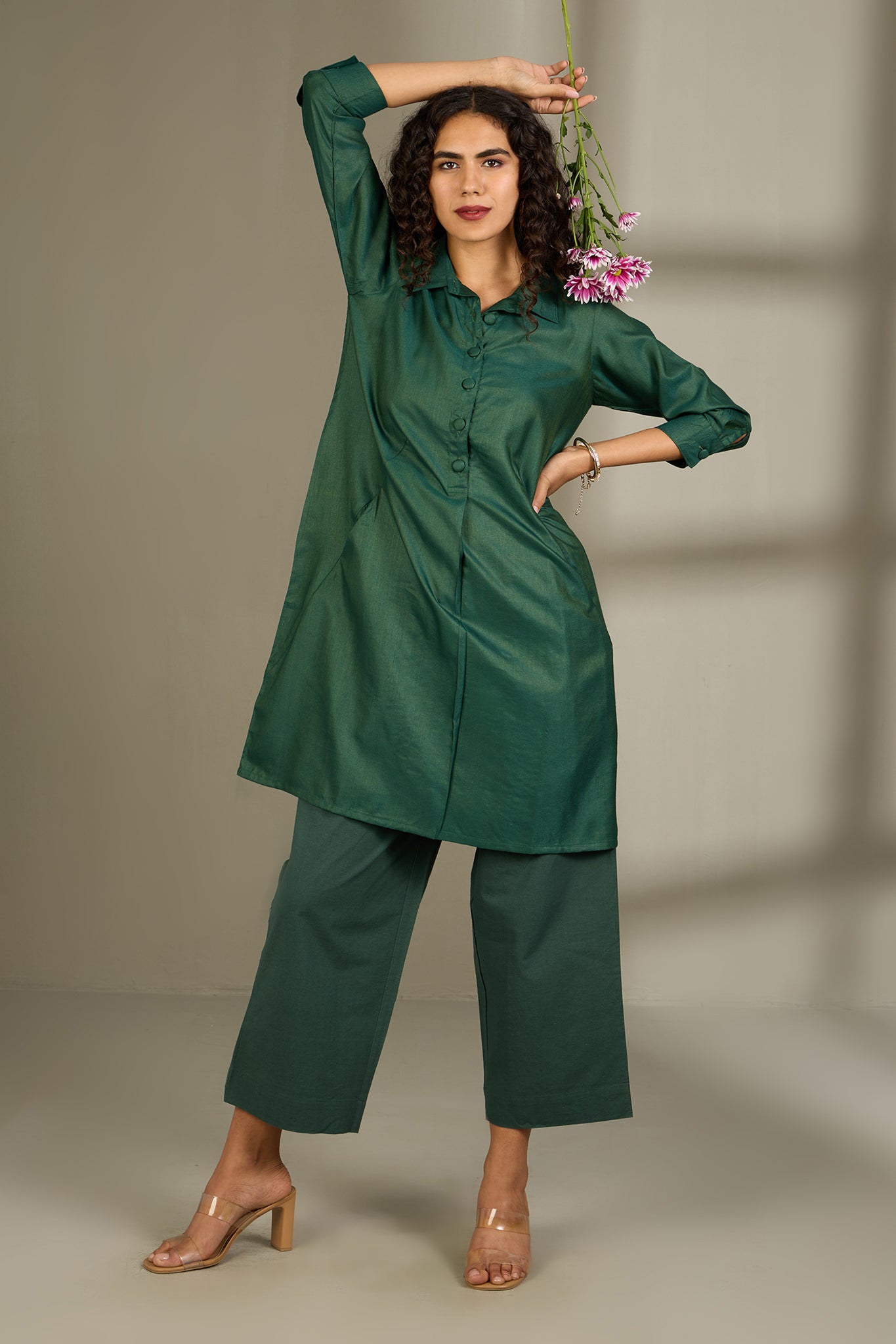 Maati Craft Opulent Emerald Viscose Silk Tunic Shirt Dress
