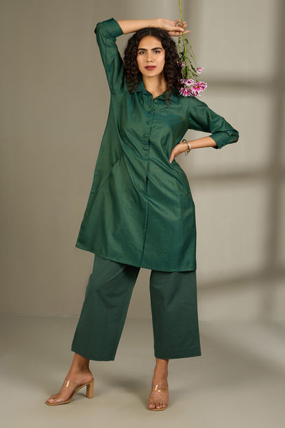Maati Craft Opulent Emerald Viscose Silk Tunic Shirt Dress