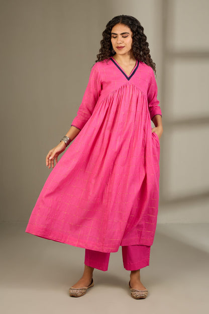 Maati Craft Gulabi Grid & Gold V-Neck Gather Anarkali