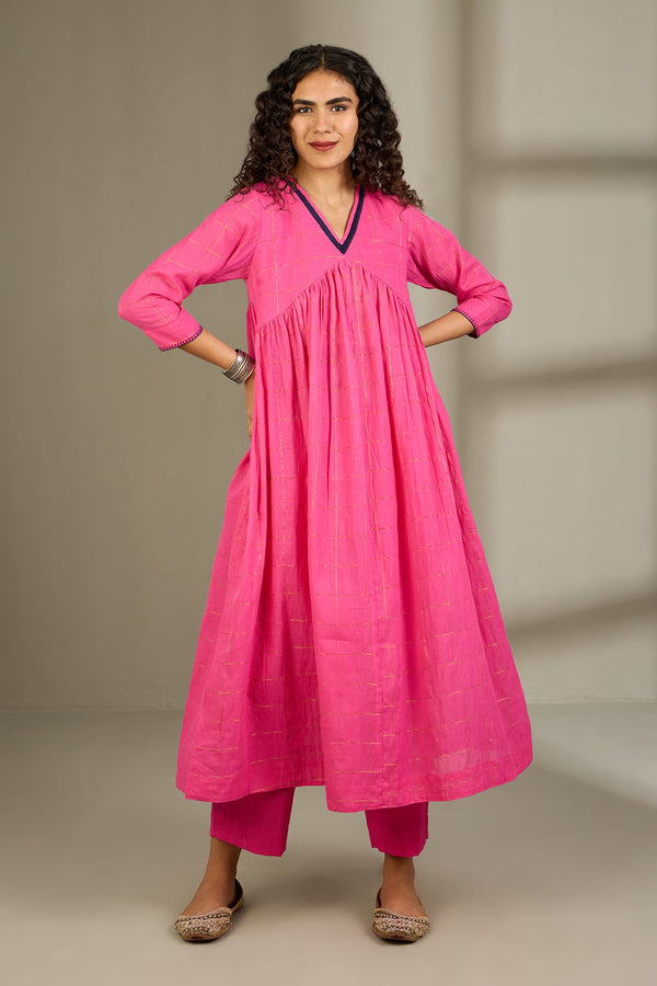Maati Craft Gulabi Grid & Gold V-Neck Gather Anarkali