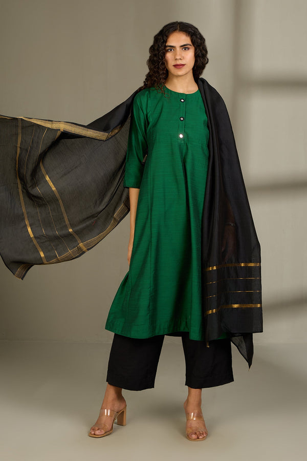 Maati Craft Shadowleaf Elegance Silk Slub Kalidar Kurta
