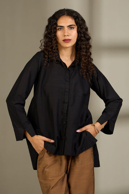 Maati Craft Noir Moon High Low Hem Luxe Silk Slub Shirt