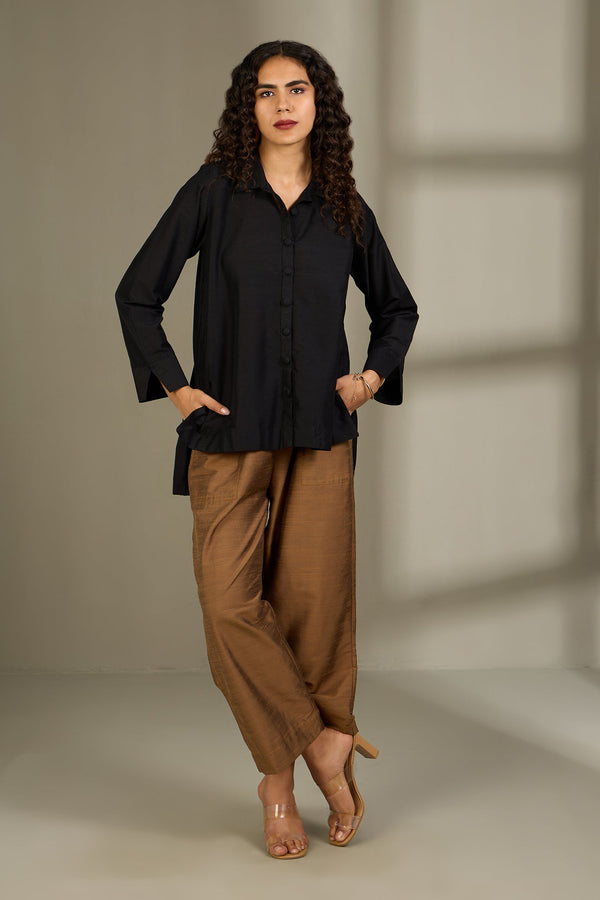 Maati Craft Noir Moon High Low Hem Luxe Silk Slub Shirt