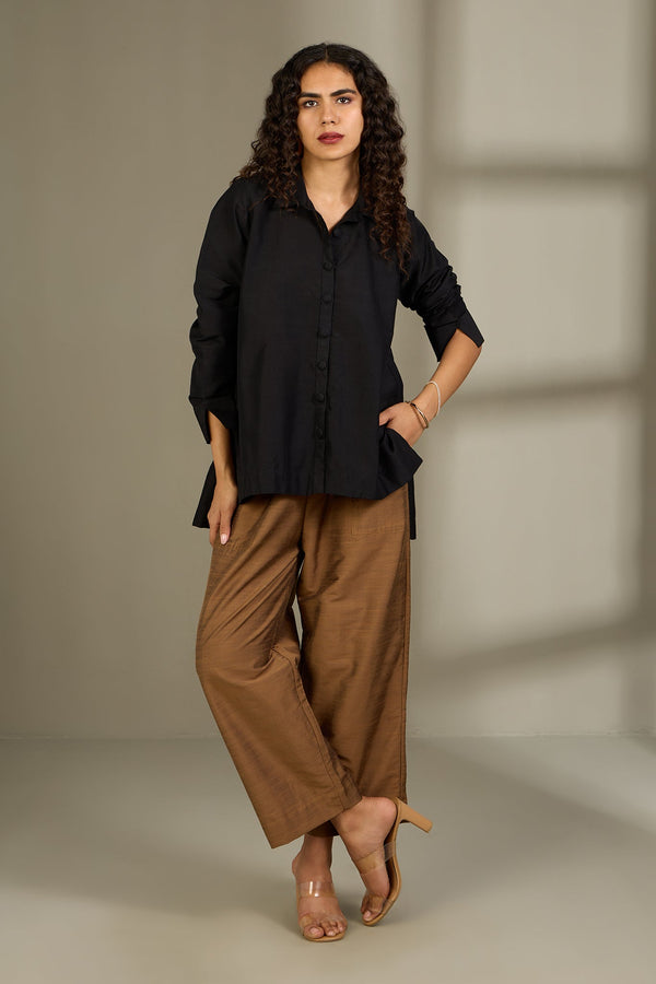 Maati Craft Noir Moon High Low Hem Luxe Silk Slub Shirt