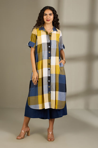 Maati Craft Coastal Checks Box Pleat Button Down Shirt Dress