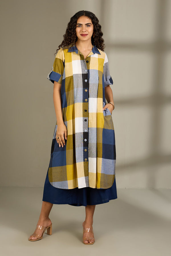 Maati Craft Coastal Checks Box Pleat Button Down Shirt Dress