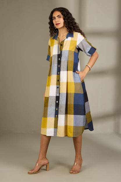 Maati Craft Coastal Checks Box Pleat Button Down Shirt Dress