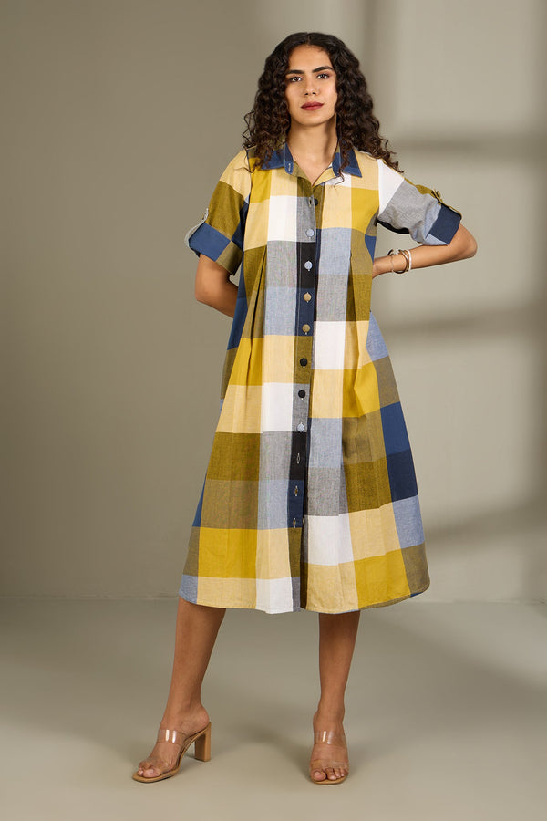 Maati Craft Coastal Checks Box Pleat Button Down Shirt Dress