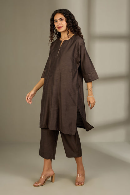 Maati Craft Co-ord Set Bronzed Serenity Luxe Silk Slub Kalidar Tunic (Set of 2)
