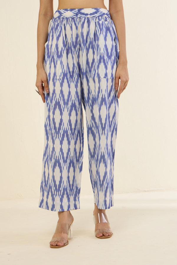 Maati Craft comfort fit cotton pants - blue ikat ocean breeze