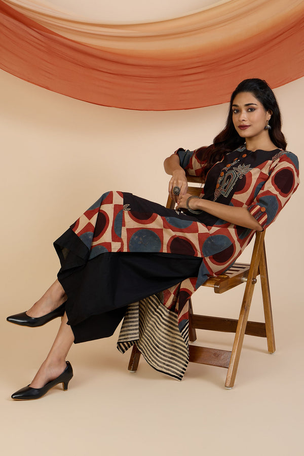 Red Moon Polka Ajrakh Long Panelled Kurta Top With Slit Mc