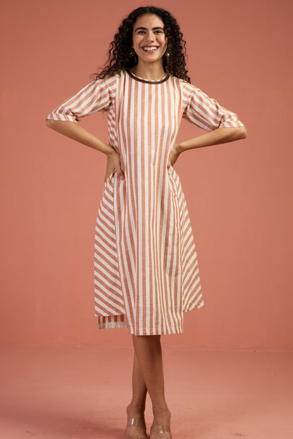 Maati Craft Cinnamon Stripes Side Bias Shift Dress