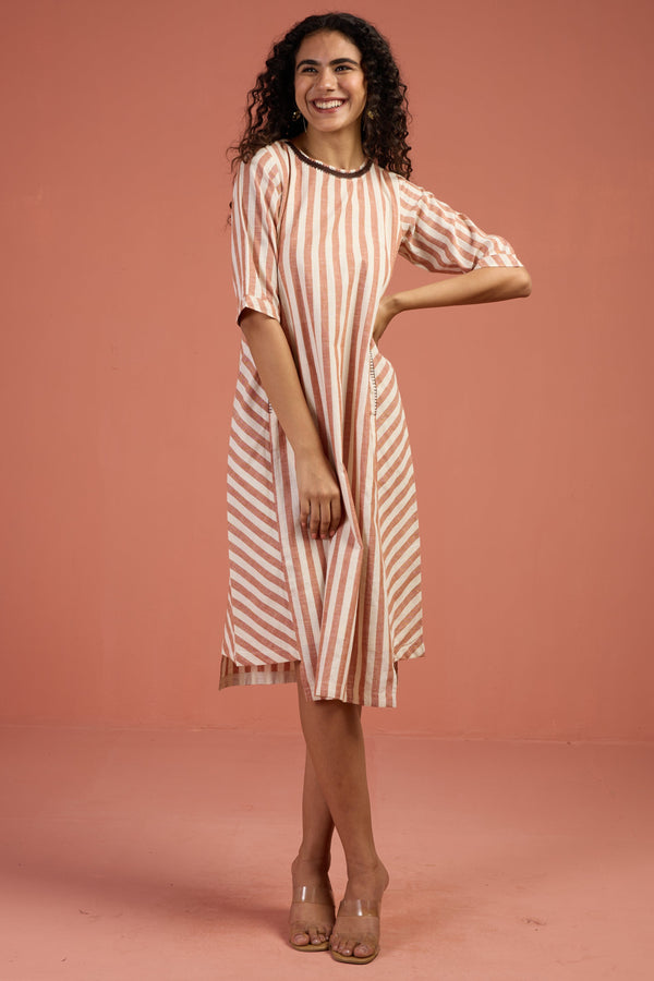 Maati Craft Cinnamon Stripes Side Bias Shift Dress