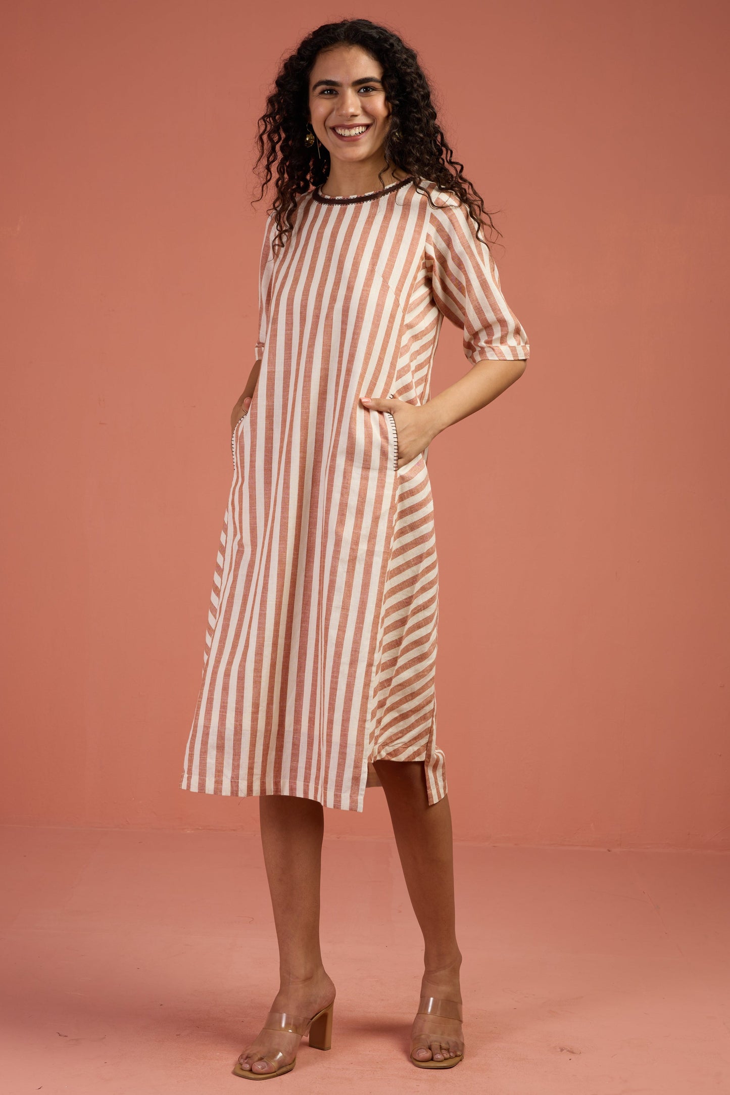 Maati Craft Cinnamon Stripes Side Bias Shift Dress