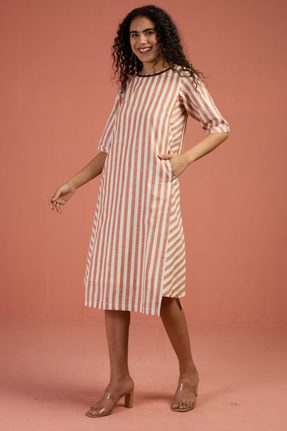Maati Craft Cinnamon Stripes Side Bias Shift Dress