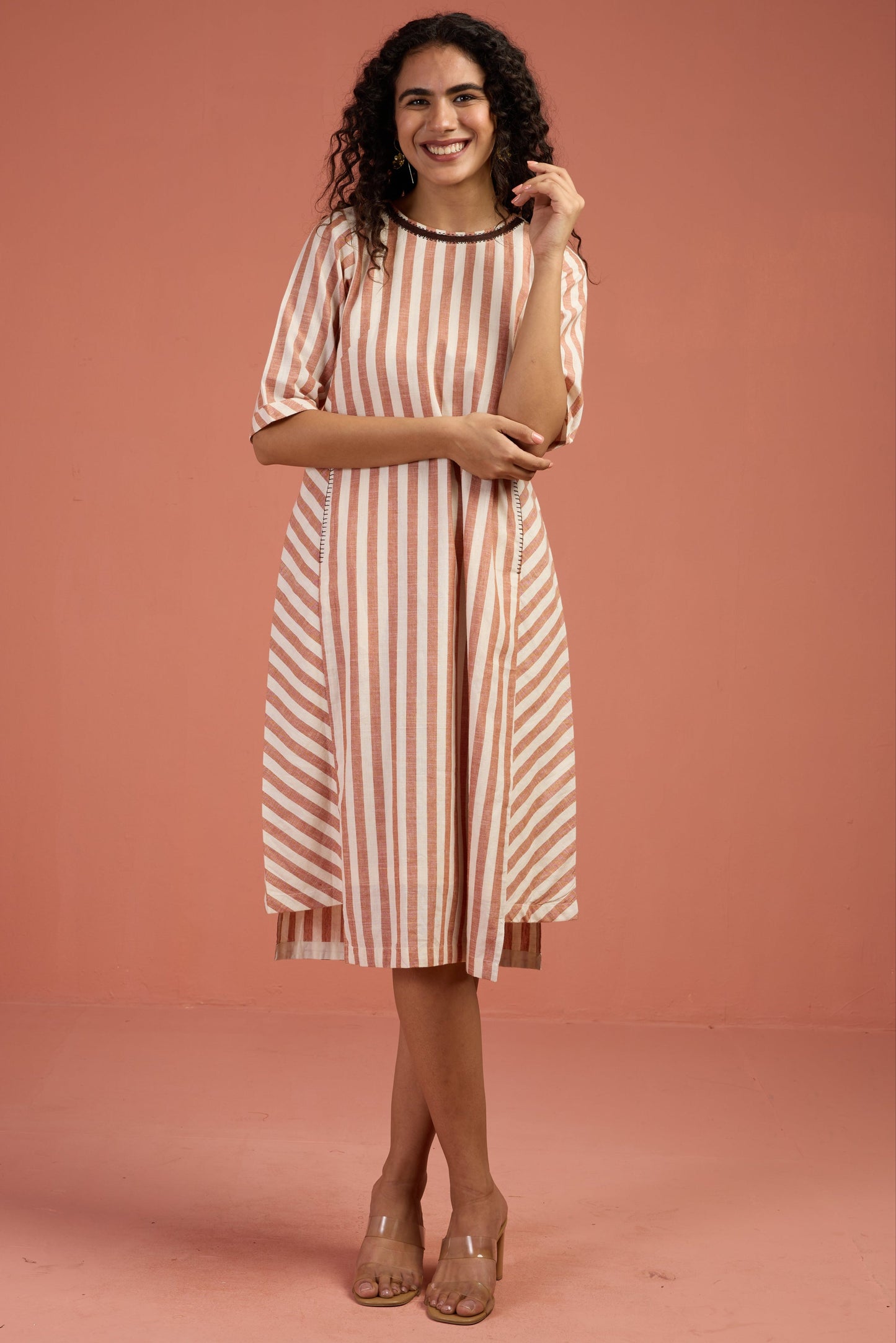 Maati Craft Cinnamon Stripes Side Bias Shift Dress