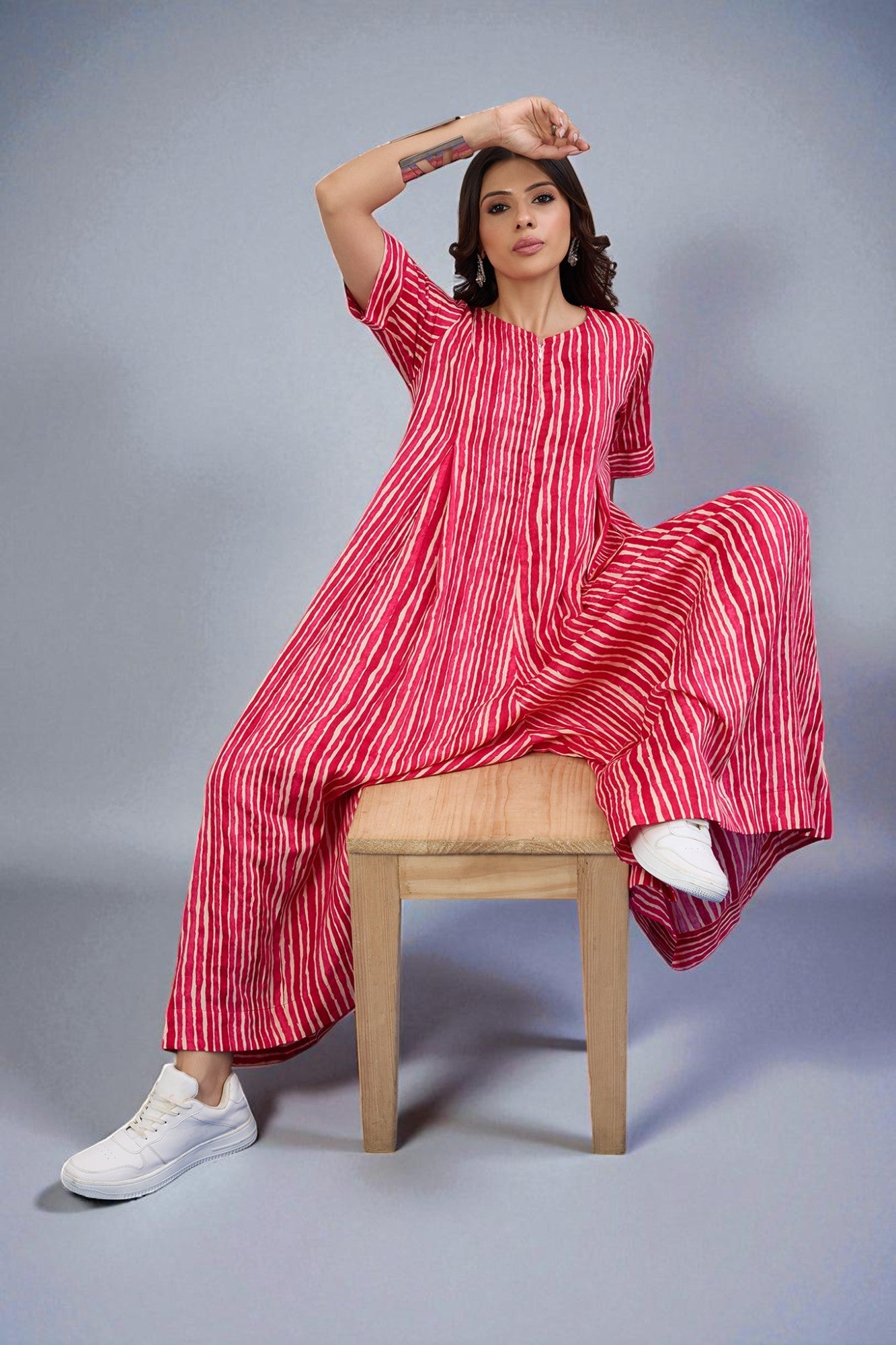 Candy Stripes Jumpsuit With Pockets & Sleeves