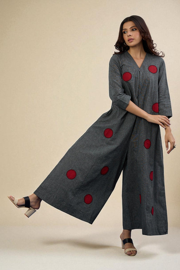 Maati  Ash & Flame Applique Jumpsuit With Pockets & Sleeves