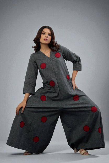 Maati  Ash & Flame Applique Jumpsuit With Pockets & Sleeves