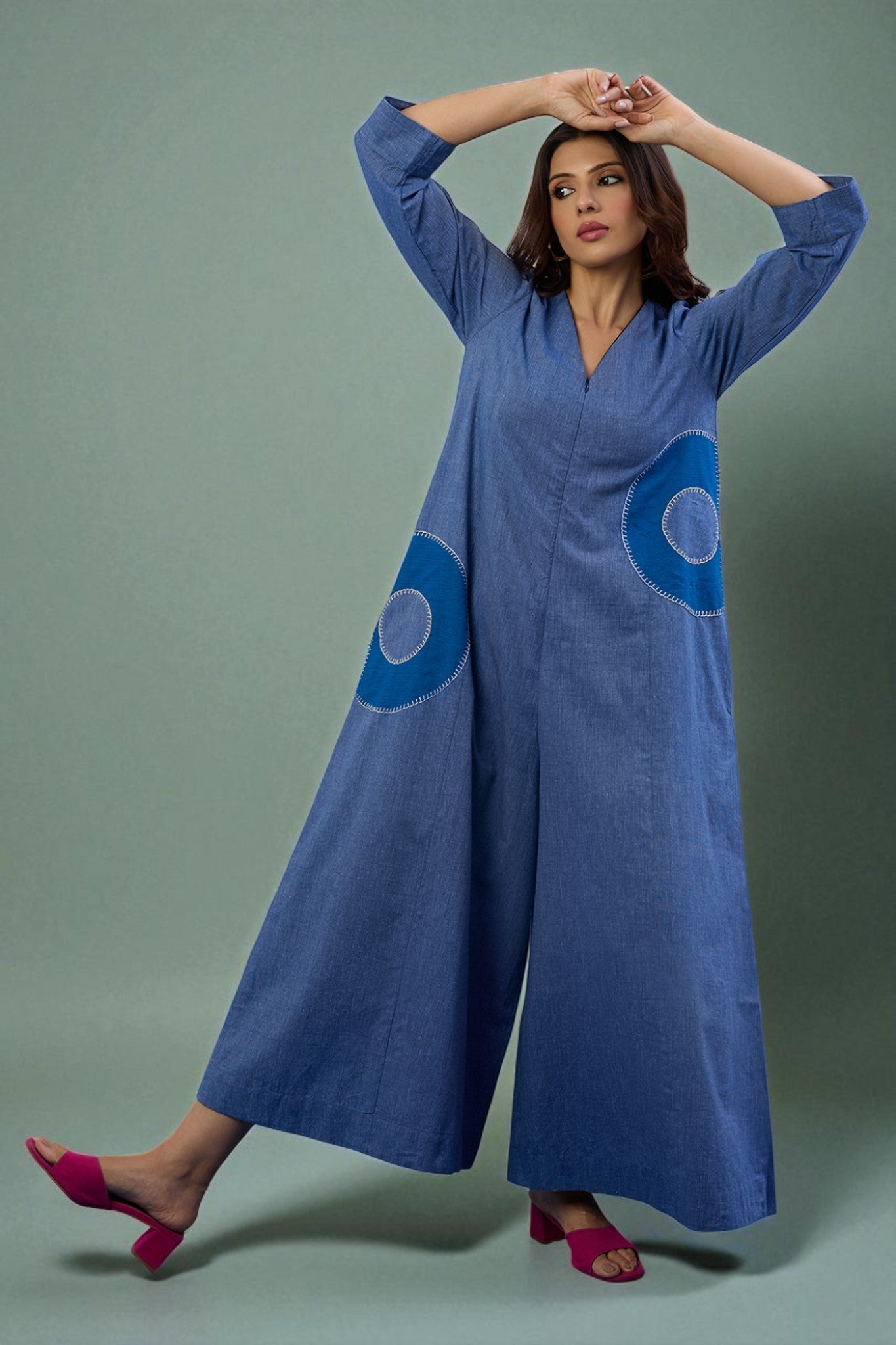 Celestial Denim Applique Jumpsuit With Pockets & Sleeves Mc