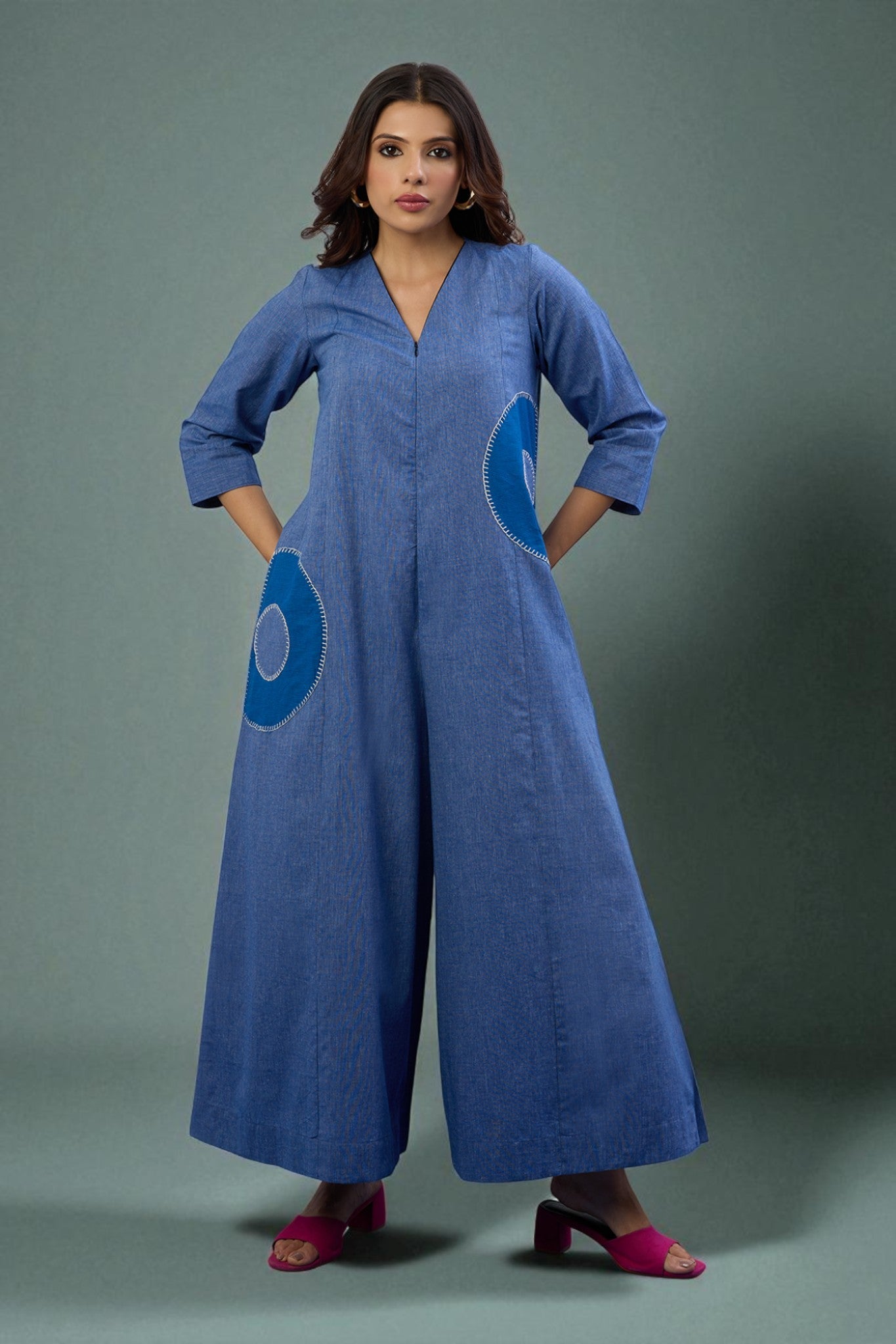 Celestial Denim Applique Jumpsuit With Pockets & Sleeves Mc