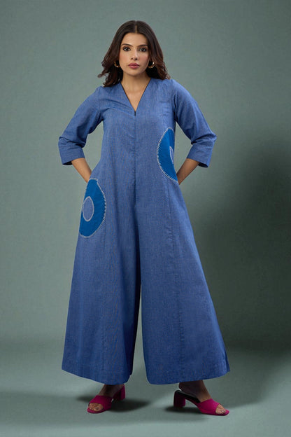 Celestial Denim Applique Jumpsuit With Pockets & Sleeves Mc