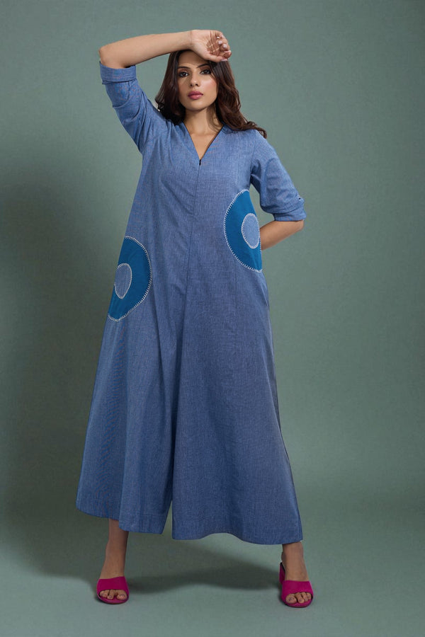 Celestial Denim Applique Jumpsuit With Pockets & Sleeves Mc