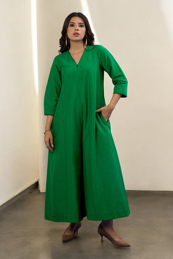 Maati Craft Gulabi Leafsong Green Silk Slub Front Zipper Jumpsuit with Pockets & Sleeves